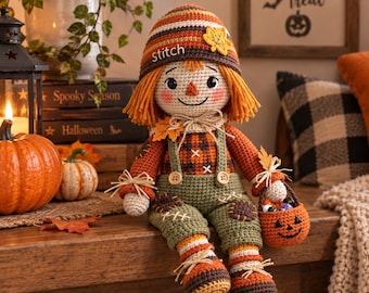 Halloween Scarecrow Crochet Pattern pdf Amigurumi Doll Autumn Fall Decor Pumpkin Basket Overalls Hat DIY Digital Download