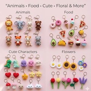 May include: A selection of handmade crochet keyrings showcasing diverse designs such as animals, food items, cute characters, and flowers. The keyrings are presented on a pink backdrop, with text reading "Animals • Food • Cute • Floral & More."