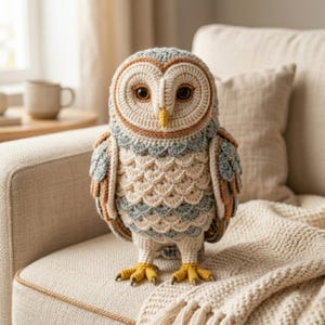 以下が含まれることがあります： クリーム、ベージュ、グレー、茶色の手編みのかぎ針編みフクロウ。 フクロウは大きく詳細な目、黄色のくちばし、黒い爪のある黄色の足を持っています。 ベージュのソファにクリーム色の毛布をかけています。