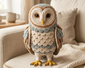 Realistyczny wzór szydełkowy na płomykówkę – pluszowy ptak amigurumi w formacie PDF (do pobrania w wersji cyfrowej)