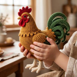 May include: A handmade crochet rooster in shades of brown, red, green, and cream. The rooster has a red comb and wattle, green tail feathers, and cream-colored feet. The rooster is being held by a person.
