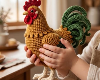 crochet rooster farm decor cottagecore chicken rooster amigurumi chicken plush unique gift for bird lover handmade animal