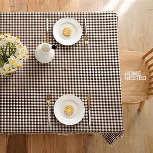 Rustic Gingham Tablecloth with Crochet Lace Trim, Farmhouse Plaid Cotton Table Cover, Country Kitchen Decor, Brown Checkered Table Linens