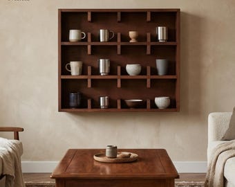 Wall Mounted Wooden Mug Shelf with Cubby Storage – Rustic Display Rack