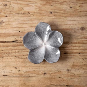 Puede incluir: Un plato de cerámica con forma de flor que presenta cinco pétalos redondeados con un acabado moteado en gris y blanco. El centro del plato es liso y blanco, y se transforma en un patrón gris texturizado que se extiende hacia los bordes.