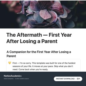 Könnte beinhalten: Werbung für ein digitales Produkt mit dem Titel "The Aftermath - First Year After Losing a Parent". Das Bild hat einen floralen Hintergrund und eine unterstützende Botschaft. Der Text enthält "Sofort-Download."