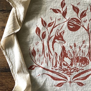 The Fox and the Fireflies Towel. Flour Sack Towel. Cotton Tea Towel. Natural Kitchen Towel. EcoFriendly Towel. Natural Home. Fox Towel image 1