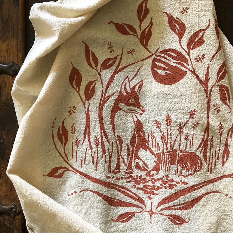 The Fox and the Fireflies Towel. Flour Sack Towel. Cotton Tea Towel. Natural Kitchen Towel. EcoFriendly Towel. Natural Home. Fox Towel image 8