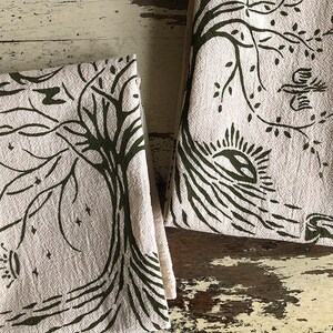 detail of Tree of Life printed cotton towels by Talufane