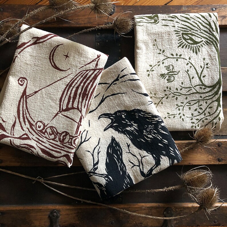 natural hand printed cotton towel with Norse mythology-inspired prints by Talufane