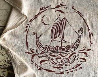 The Longship & the Serpent Cotton Towel. Viking Longship Art. Norse Mythology Print. Rustic Kitchen. Viking Print. Rustic Kitchen.