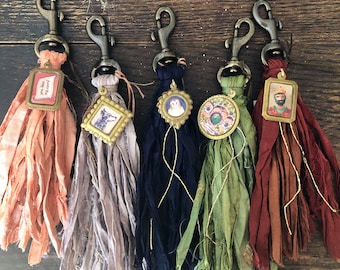 Handmade Silk Tassels. Amulet Tassels. Miniature Watercolor Paintings. Key Fobs. Bag Tassel. Talufane Tassel. Portrait Miniature Tassel.