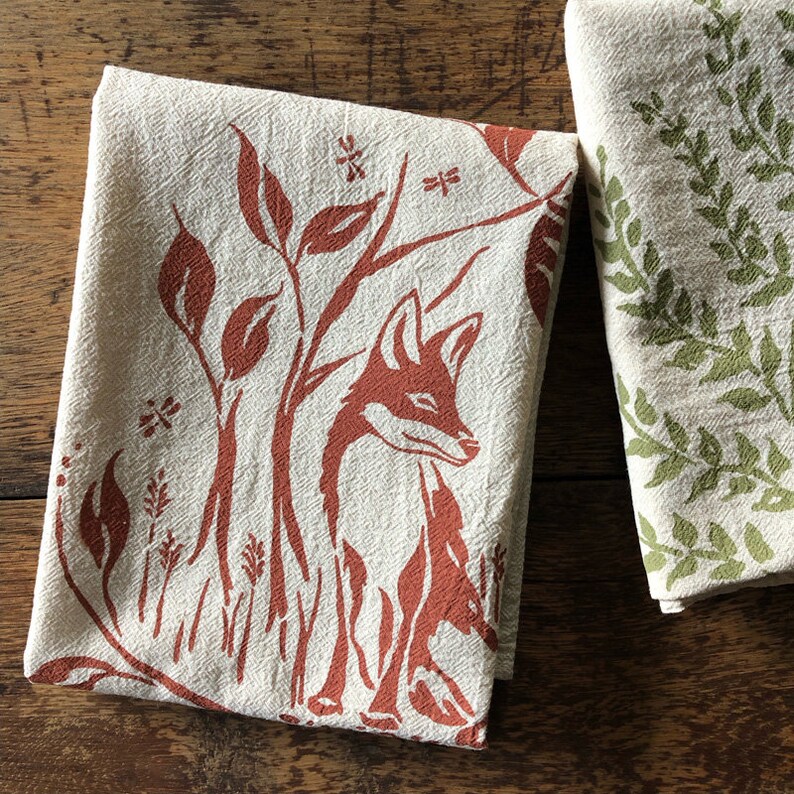 The Fox and the Fireflies Towel. Flour Sack Towel. Cotton Tea Towel. Natural Kitchen Towel. EcoFriendly Towel. Natural Home. Fox Towel image 3