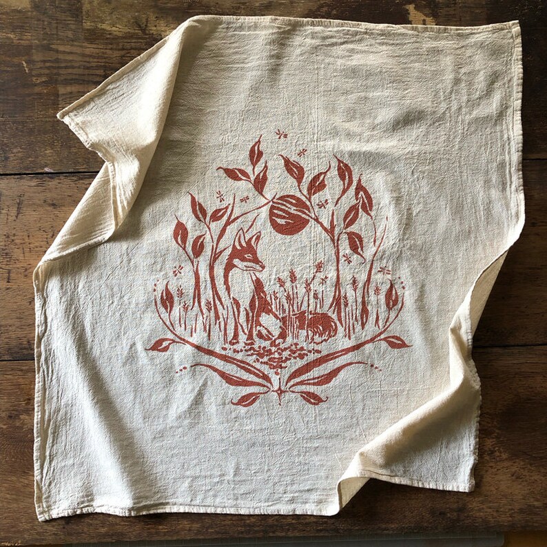The Fox and the Fireflies Towel. Flour Sack Towel. Cotton Tea Towel. Natural Kitchen Towel. EcoFriendly Towel. Natural Home. Fox Towel image 2