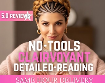 Op de afbeelding: Een persoon met een gevlochten kroonkapsel en gouden oorringen draagt een lichtroze trui. De tekst luidt: 5.0 REVIEWS, NO-TOOLS CLAIRVOYANT DETAILED-READING, SAME HOUR DELIVERY. De persoon houdt een klein rood hartvormig object vast.