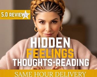 May include: A woman with braided hair and gold hoop earrings is the focal point. Text overlay reads "HIDDEN FEELINGS THOUGHTS-READING" and "SAME HOUR DELIVERY" on a yellow banner. A star graphic with "5.0 REVIEWS" is in the upper left.