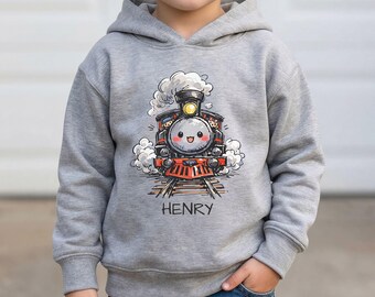 Personalized Train Kids Hoodie Custom Name Steam Engine Baby Pullover Locomotive Hooded Sweatshirt Boy Gift Birthday Matching Outfit