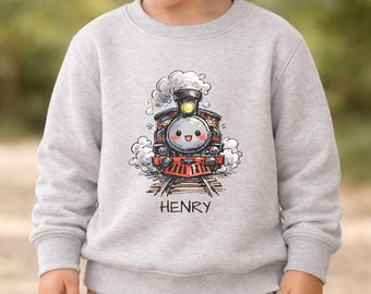 Sudadera infantil personalizada con diseño de tren, sudadera de cuello redondo para niño pequeño con nombre personalizado, jersey de locomotora para niño, regalo de cumpleaños para niños, regalo para niños amantes de los trenes