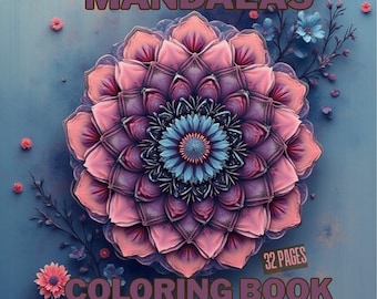 Può includere: Copertina di un libro da colorare con la parola "MANDALAS" in lettere marroni. Un grande mandala dettagliato nelle tonalità del rosa, viola e blu domina il centro. Sono visibili anche le parole "COLORING BOOK" e "32 PAGES".