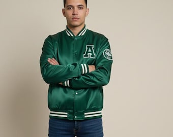 Heren groene satijnen varsity-jas – honkbalbomberjack met geborduurde letter A, klassieke college-stijl