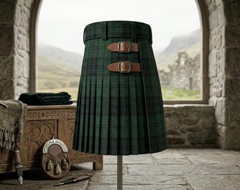 Kilt w kratę w kolorze leśnej zieleni – szkocki kilt w kratę, mieszanka wełny premium z paskami skórzanymi, tradycyjny kilt górski