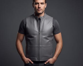 Grijs leren vest voor heren – Premium, echt leren slim fit vest | Moderne streetwear & bikerstijl