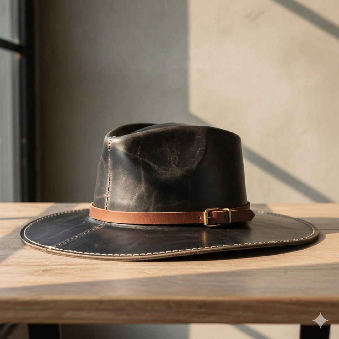 Handmade Genuine Leather Hat | Vintage Unisex Western Cap | Full Grain ...
