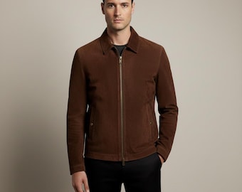 Herenjas van bruin suède – Premium echt chocoladebruin suède, klassieke pasvorm met ritssluiting, smart casual bovenkleding