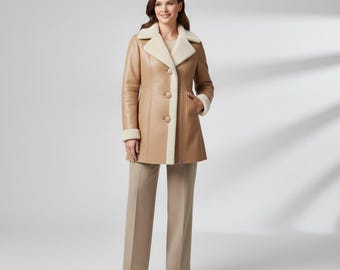 Beige leren damesjas met bontvoering – luxe winterjas, slanke pasvorm, comfortabel en stijlvol