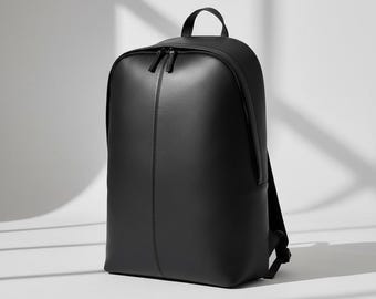 Minimalistische zwarte leren rugzak voor heren | Laptoprugzak van echt leer in Scandinavische stijl | Moderne kantoor- en reistas