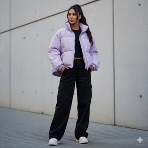 Könnte beinhalten: Eine hellviolette Pufferjacke mit hohem Kragen und einem schwarzen Oberteil. Das Model trägt schwarze Cargohosen und weiße Turnschuhe. Die Jacke hat ein gestepptes Design und einen Reißverschluss. Das Outfit befindet sich vor einer grauen Betonmauer.