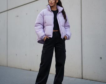 Oversized lavendelkleurige pufferjas voor dames – winterjas met bubbeleffect, gewatteerde jas in streetwear-stijl, comfortabele, warme en trendy bovenkleding