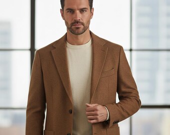 Men’s Long Brown Wool Blazer | Smart Casual Tailored Jacket | Relaxed Fit Wool Coat | Modern Men’s Outerwear | Fall Winter Style