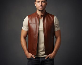 Bruin leren herenvest – Premium, echt leren slim fit vest | Klassieke biker- en streetwearstijl