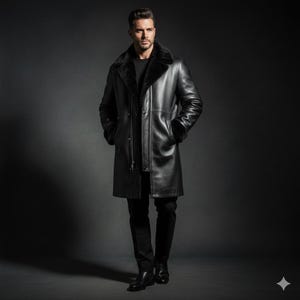 Könnte beinhalten: Ganzkörperaufnahme eines schwarzen Ledermantels mit einem Kragen und Manschetten aus Schaffell. Der Mantel ist zugeknöpft und wird über einer schwarzen Hose und Schuhen getragen. Der Mantel ist etwa 127 cm lang.