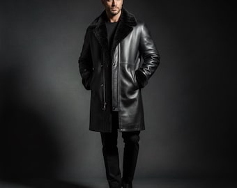 Zwarte leren herenjas met bontvoering – Warme, lange leren winterjas, luxe jas in schapenvachtstijl voor mannen
