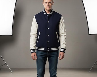 Marineblauwe en witte varsity-jas voor heren – wollen body met witte leren mouwen | Klassieke college baseballjas | Streetwear bomberjack