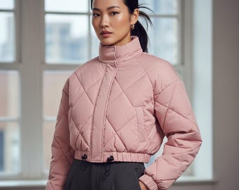 Babyroze cropped pufferjas voor dames – bomberjack van nylon met ruitvormig doorgestikt patroon, winterse streetwearjas