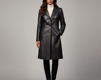 Lange leren jas voor dames – Trenchcoat van echt leer, elegante leren winterjas voor dames, stijlvolle bovenkleding tot op de knie