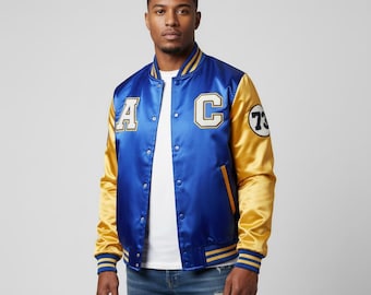 Herenbasketbaljack van satijn in blauw en goud – Klassieke baseball bomber, retro collegejack met drukknopen