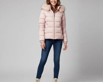 Babyroze nylon pufferjas voor meisjes met bontkraag | Lichtgewicht winterjas | Korte gewatteerde warme jas voor meisjes