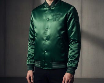 Modern voetbaljack van satijn – Minimalistische streetwear bomberjas voor heren, glanzend monochroom lettermanjack