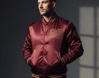 Bordeauxrode satijnen bomberjack voor heren met gouden accenten – Multisport streetwear, hoogwaardige sportjas