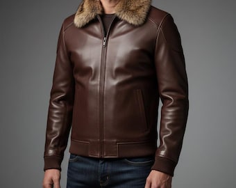 Chocoladebruine leren herenjas met bontkraag – Premium winterjas van echt leer, luxe warme jas in pilotenmodel