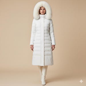 Könnte beinhalten: Ein langer, weißer Wintermantel mit einer großen, flauschigen, pelzbesetzten Kapuze. Der Mantel ist gesteppt und hat ein durchgehendes Design. Das Model trägt weiße Stiefel. Der Mantel ist für kaltes Wetter konzipiert.