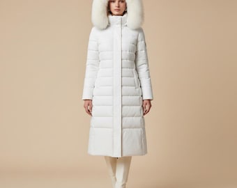 Lange witte damespufferjas met bontkraag – Luxe warme gewatteerde winterjas, lange parka voor koud weer