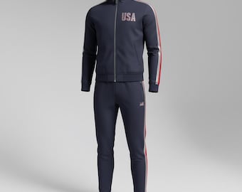Luxe trainingspak voor heren uit de VS | Marineblauw, rood en zilverkleurig sportpak | Premium geborduurd USA-logo