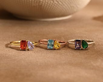 Dainty Two Birthstone Ring,Custom Toi et Moi Gemstone Ring,Mother's Ring,Family Birthstone Ring,Anniversary Gift,Couples Gift,Christmas Gift