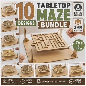 May include: A digital download bundle of 10 tabletop maze designs featuring laser-cut wooden boards suspended by strings over a base. The set includes various geometric shapes like squares, circles, and octagons, all designed for 3mm material.