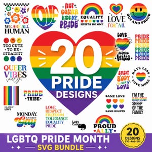 May include: A collection of 20 Pride designs in a SVG bundle. The designs include rainbow hearts, text like "Love for All," "Equality Hurts No One," and "We Are All Human." The bundle is for LGBTQ Pride Month.
